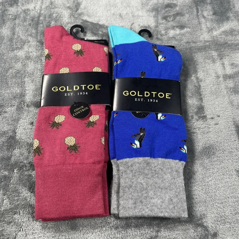 GOLDTOE Mens Crew Socks 2 Pair 6-12.5 Toucan Pineapple Express Odor Control NEW